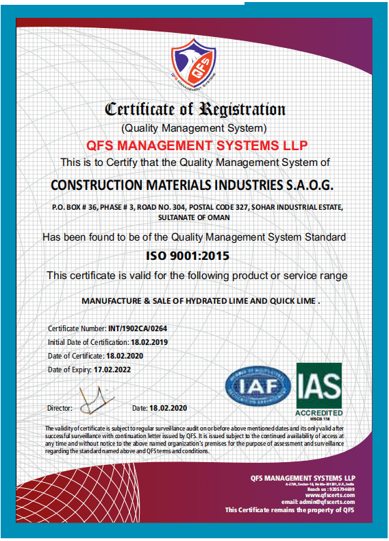 Quality Policy - CMI Oman Company Certificate for Manufacture & Sale of Hydrated Lime and Quick Lime