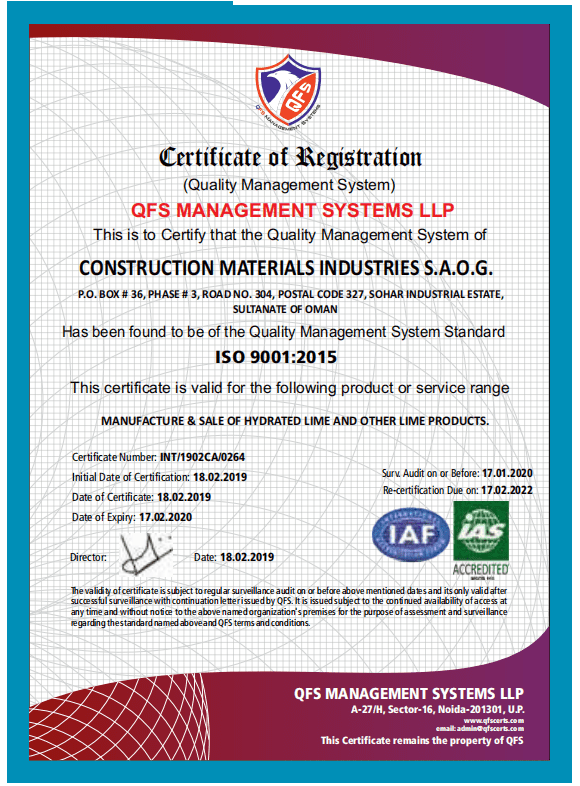 Certificate for Manufacture & Sale of Hydrated Lime and Other Lime Products